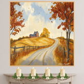Golden Autumn Country Road with Red Farmhouse and Trees – Serene Folk Art Landscape Print on Ready to Hang 1.5" Thick Canvas Wrap, Floating Framed Canvas, Flat Rolled Canvas